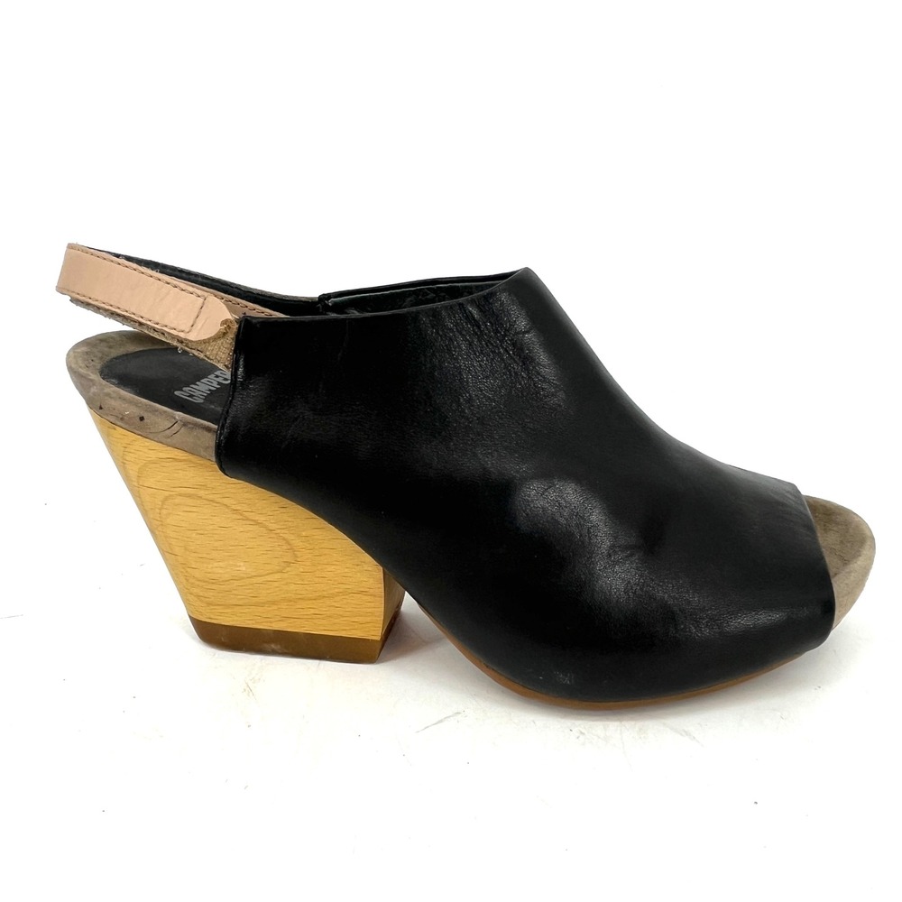 Camper Allegra Black Leather Slingback Peep Toe Wedge Mule Sandal Shoe EU 38 7.5